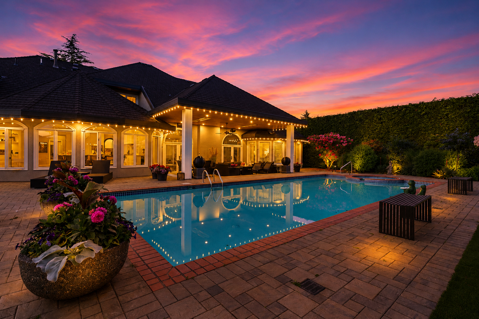 Twilight pool and covered patio at 8440 Steveston Highway
